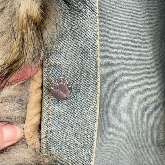 Rockstar Original Fur Trim Denim Paint Splatter Hooded Jean Jacket L - Picture 8 of 16